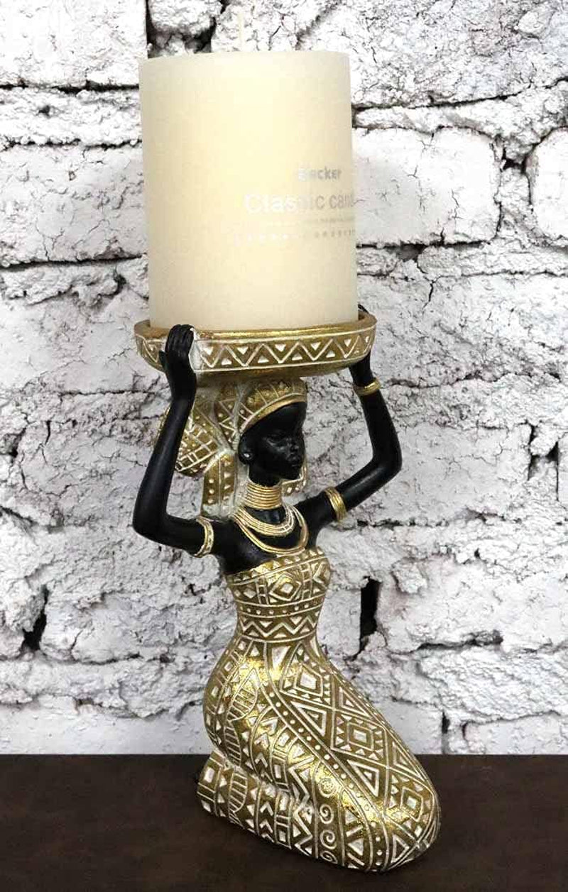 African Lady Figurine Candle Holder with African Tribal Totem for Wedding,Church,Holiday Decor-African Decorative Women Statues, Candlestick Holder for Home and Table Decor(753-Gold)