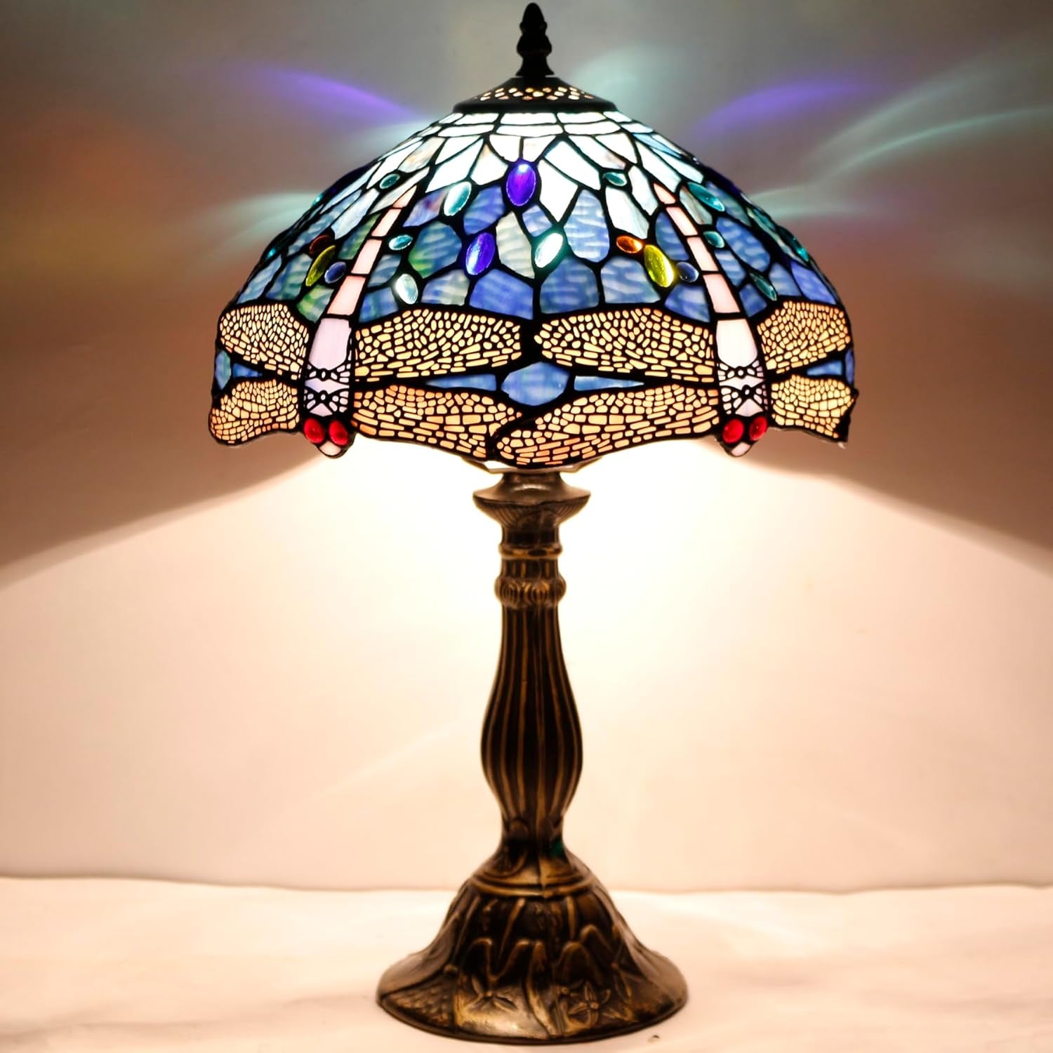 Tiffany Table Lamp Blue Stained Glass Dragonfly Style Desk Bedside Reading Light 12X12X18 Inches Decor Bedroom Living Room Home Office S631 Series