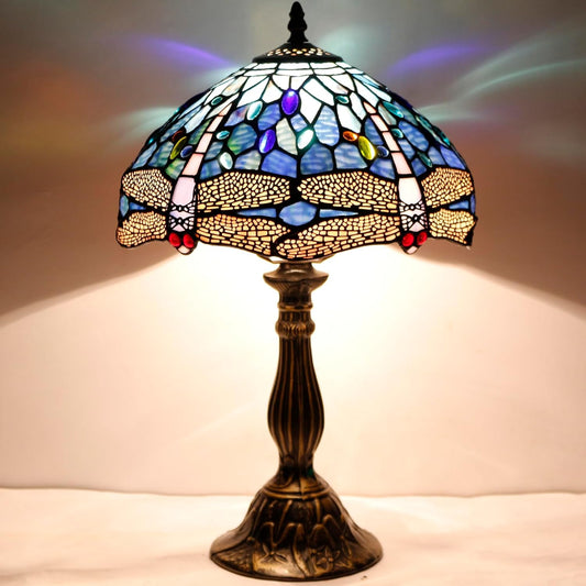 Tiffany Table Lamp Blue Stained Glass Dragonfly Style Desk Bedside Reading Light 12X12X18 Inches Decor Bedroom Living Room Home Office S631 Series