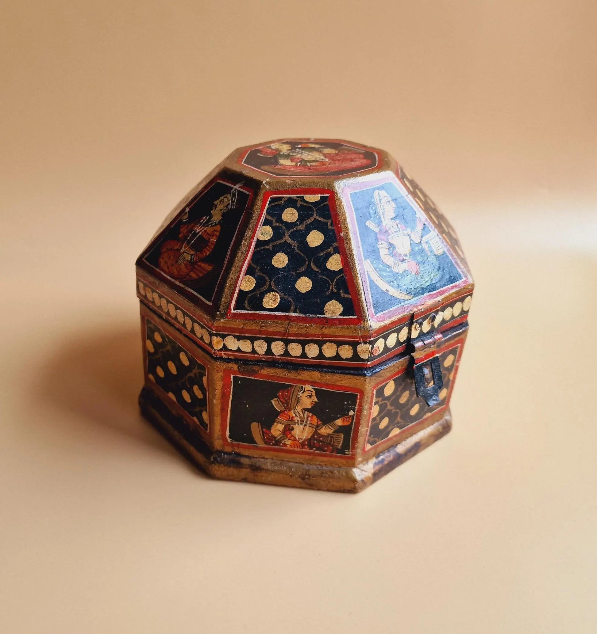 Vintage Indian Octagonal Wooden Box, Antique Mughal Wood Turban Marriage Box