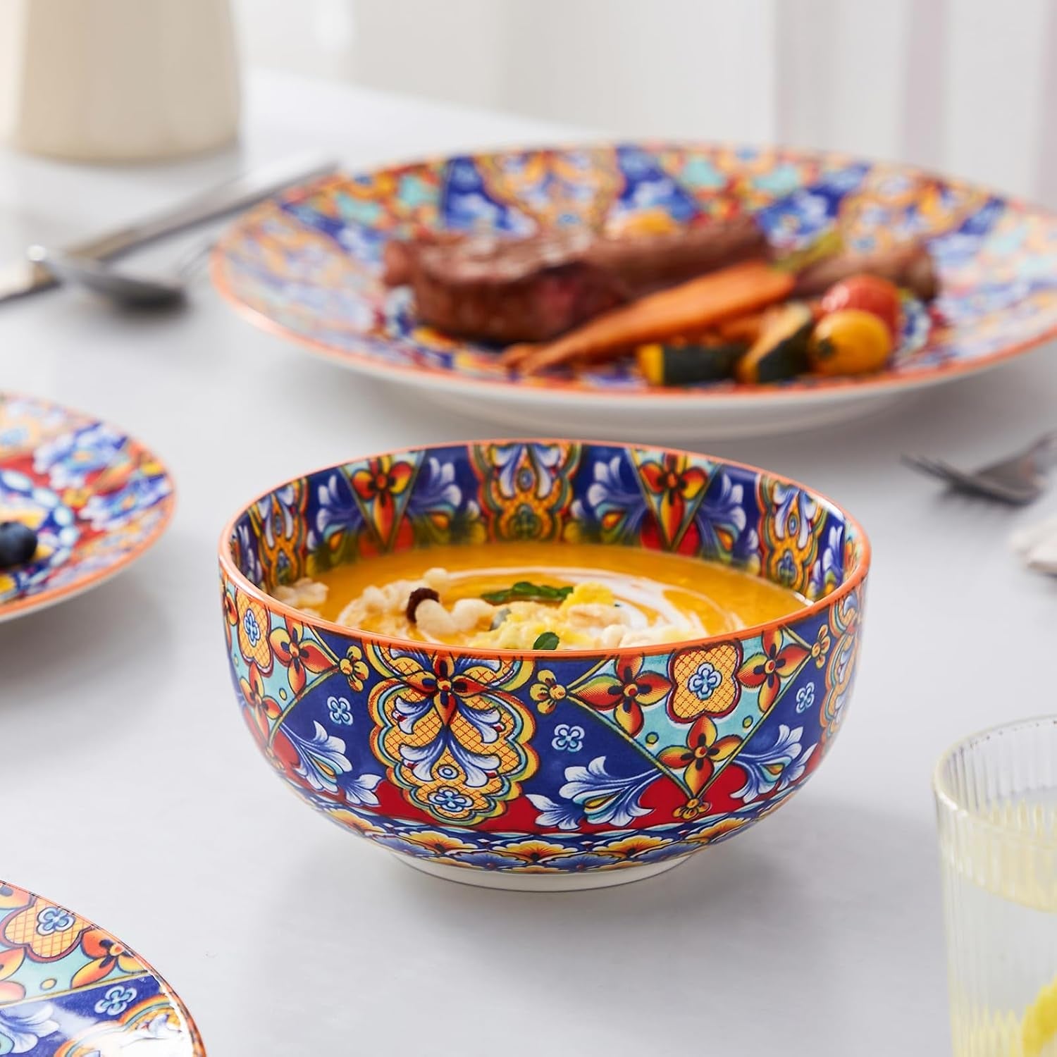 12 Pieces Dinnerware Sets, Orange Plates and Bowls Set, Porcelain Dishes Set for 4, Microwave and Dishwasher Safe, Scratch Resistant, Bohemian Style Dining Ware Service for 4, Series SIMI