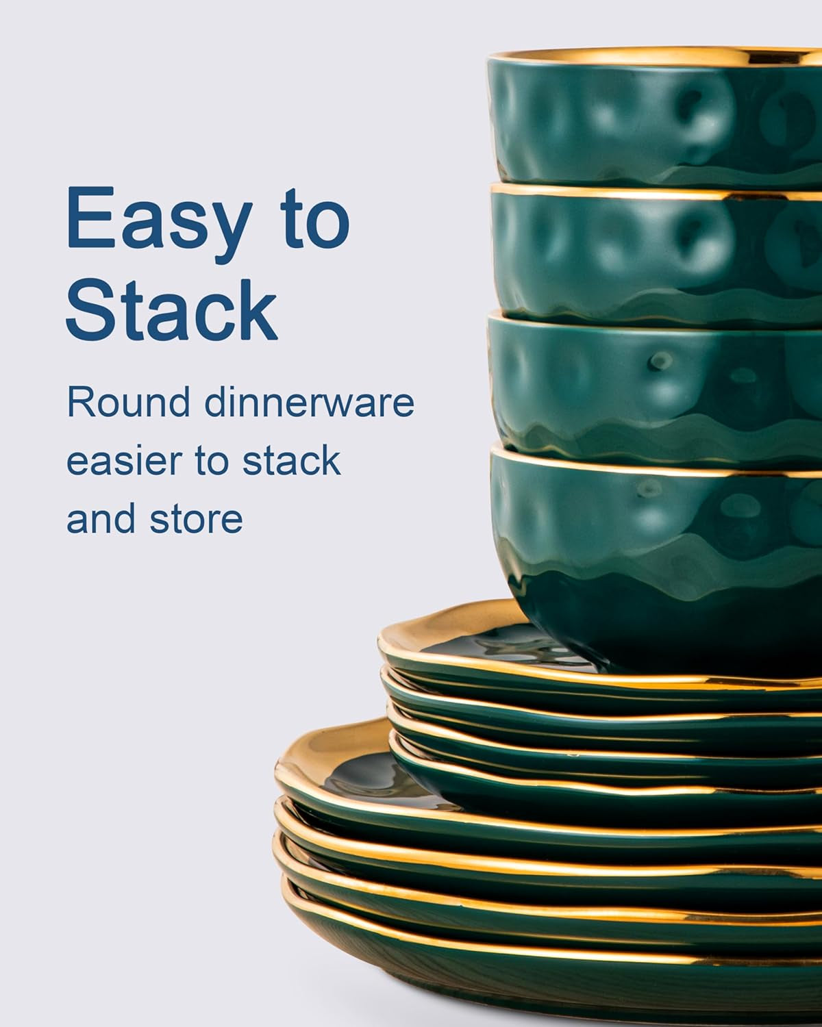 12 Pieces Plates and Bowls Sets, Porcelain Green and Gold Dinnerware Sets, round Dinner Plates Dishes Set Service for 4, Dishwasher Safe and Scratch Resistant, Green