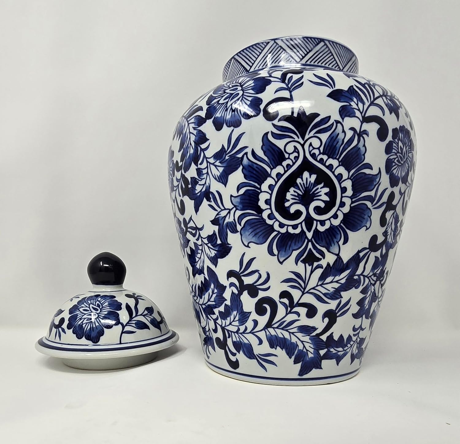 12.5" Blue and White Porcelain Floral Temple Ginger Jar Vase, China Qing Style (Blue)