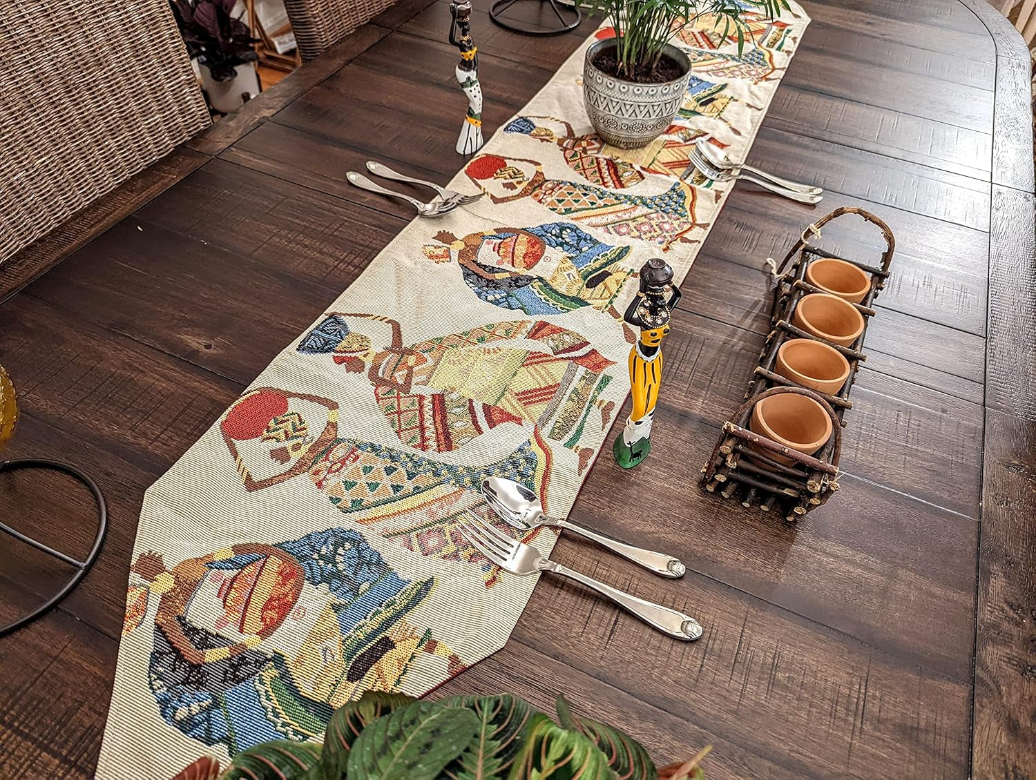 Elegant Tapestry Table Runner - Dancing Women Festive Celebrate Kwanzaa African Ethnic Culture - Multi-Colorful Cotton Linen Woven Kitchen Dining Mats - 13" X 54"