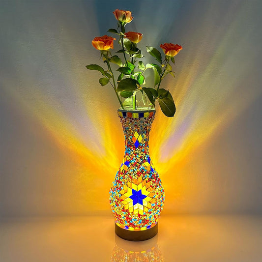 Mosaic Vase Lamp, Turkish Moroccan Table Lamp,Colorful Handmade Glass Vase with Wood Base for Flowers, USB Charge Decor Light for Bedroom Ambient Living Room Farmhouse
