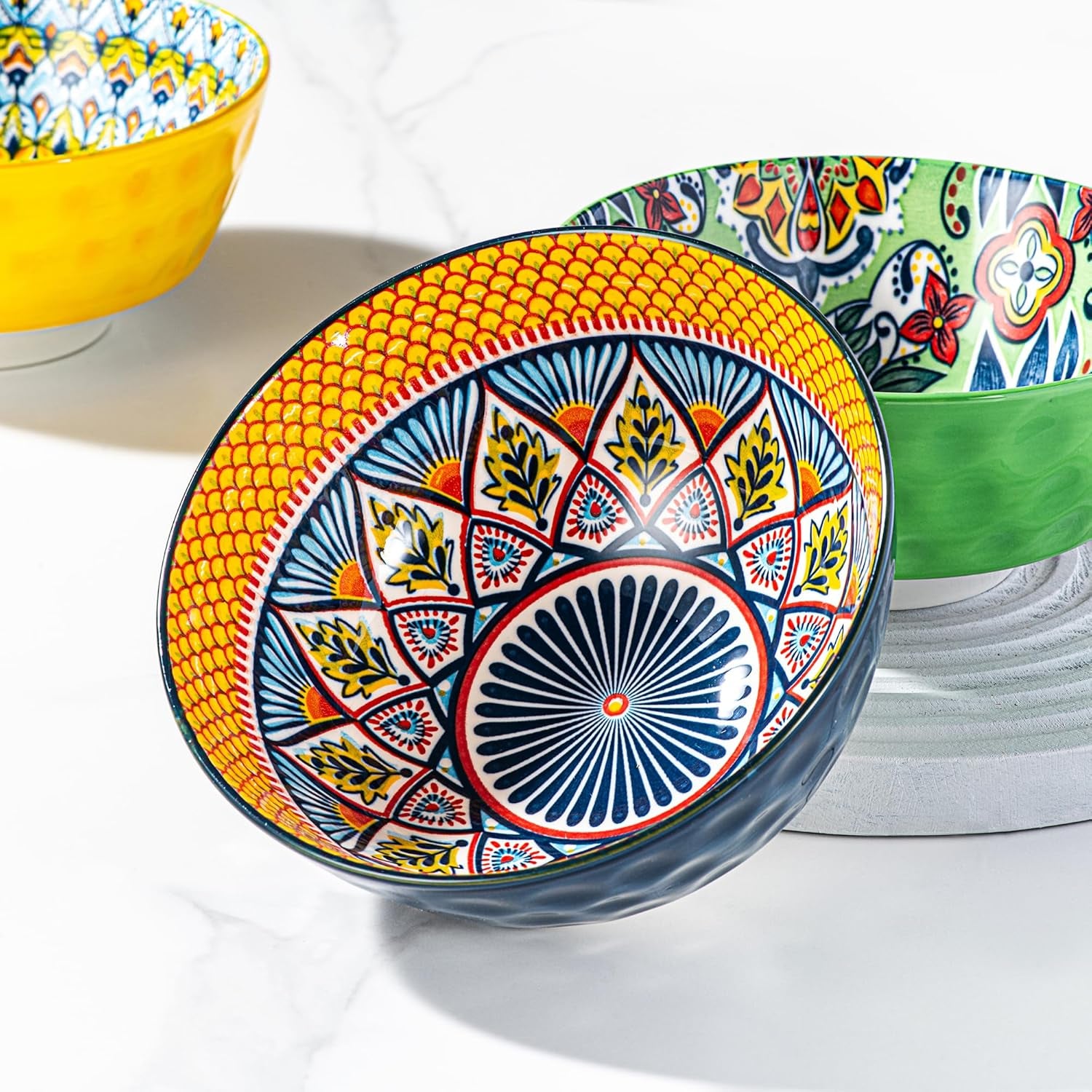 Ceramic Cereal, Soup Bowls Set of 6-25 Oz Porcelain Serving Bowls for Dinner, Pasta, Salad, Oatmeal, Microwave & Dishware Safe - Bohemian Style