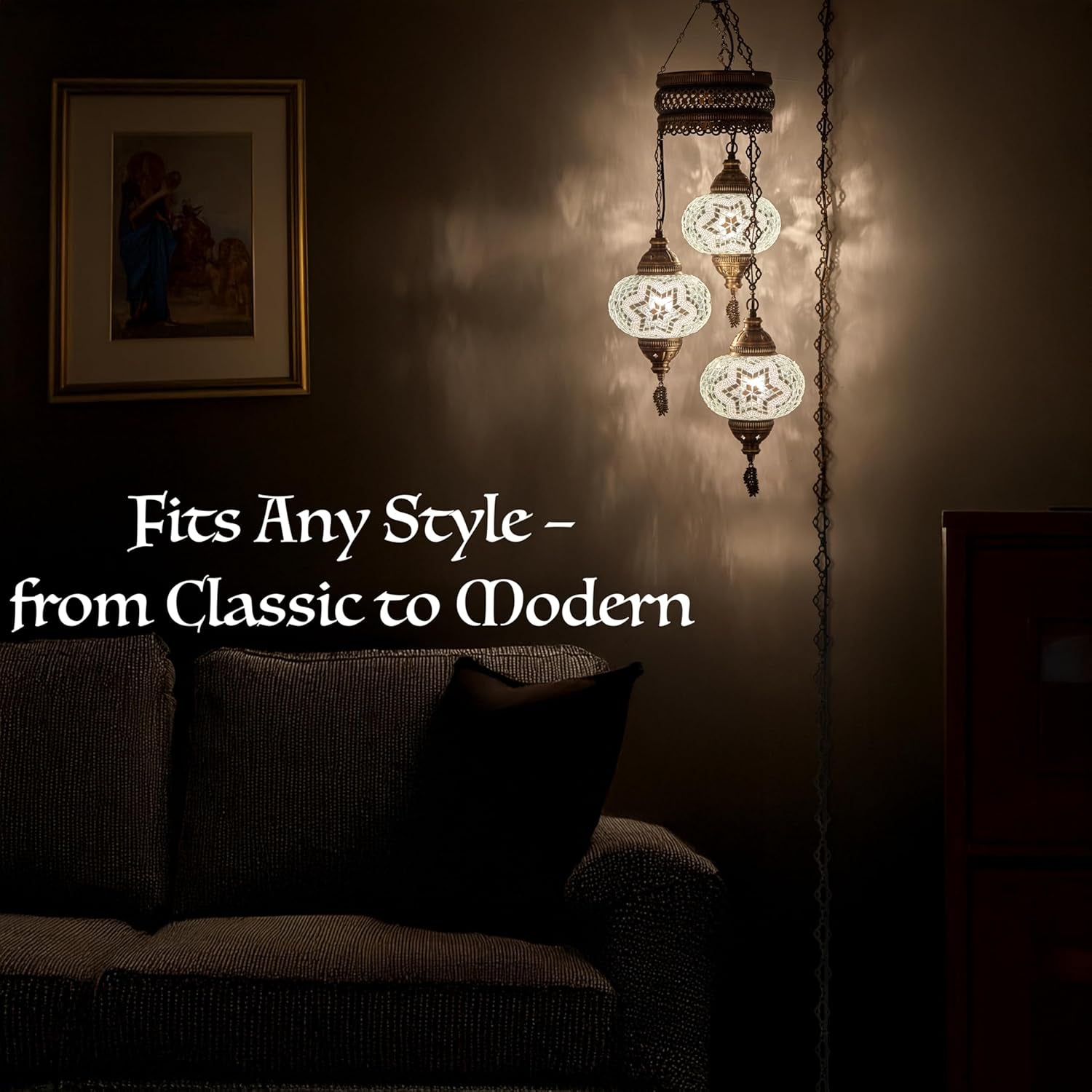 3-Large 7'' Globes Turkish Moroccan Mosaic Plug-In Chandelier - Handmade Pendant Light Fixture with 15-Ft Cord & Chain, Decorative Bohemian Hanging Ceiling Lamp for Living Room, Bedroom, 3.5 Ft