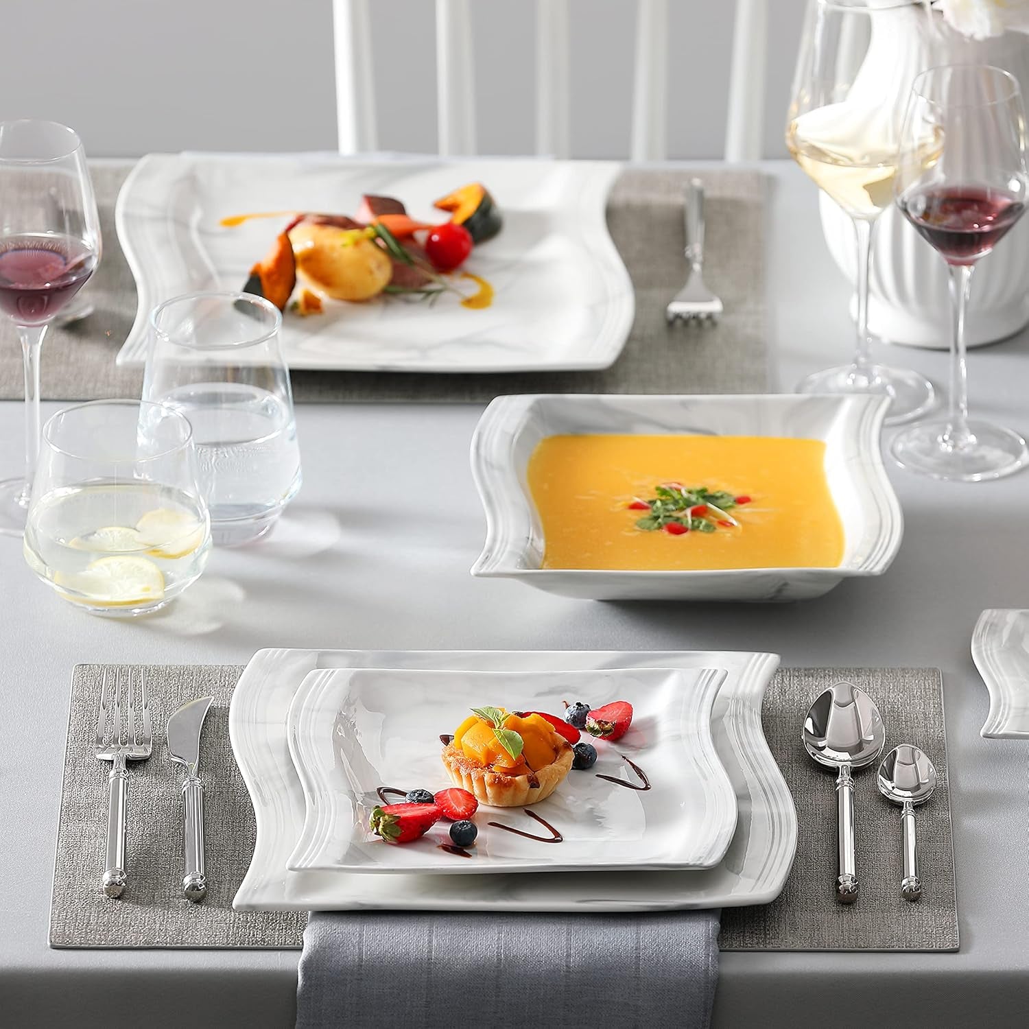 Plates and Bowls Sets, 30 Piece Porcelain Dinnerware Sets for 6, Square Dinnerware Set with Dinner Plate, Dessert Plate, Soup Plate, Cup and Saucer, Modern Dish Set, Marble Grey, Series Flora