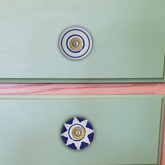 Exquisite Indian Vintage Pottery Cabinet Knobs & Pulls - Blue & White Ceramic Drawer Handles (Set of 12)