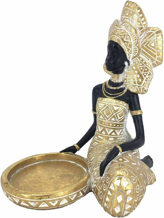 African Lady Figurine Candle Holder with African Tribal Totem for Wedding,Church,Holiday Decor-African Decorative Women Statues, Candlestick Holder for Home and Table Decor(754-Gold)