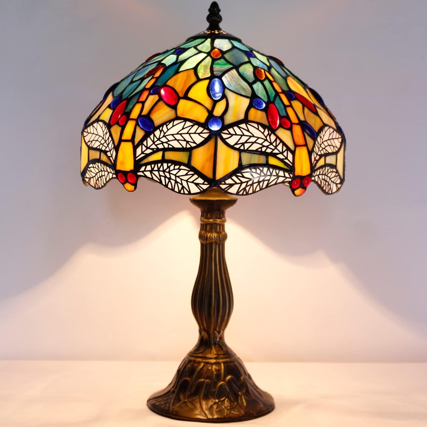 Stunning Tiffany Style Sea Blue & Yellow Dragonfly Table Lamp – Perfect Nautical Desk & Bedside Light for Bedroom, Living Room, & Home Office - 12x12x18 Inches