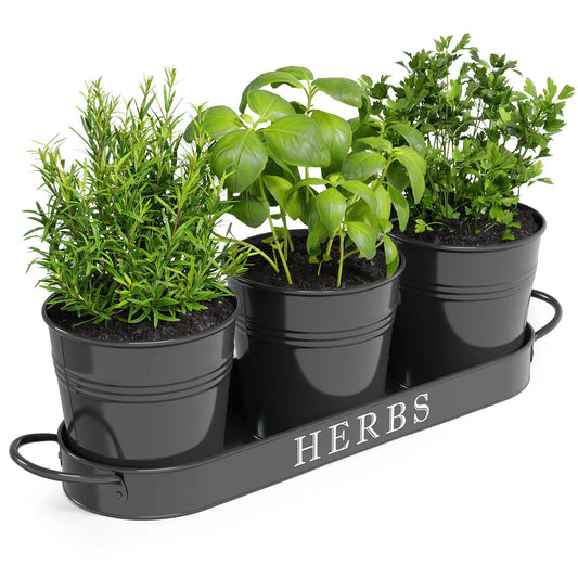 Farmhouse Herb Garden Planter Indoor Planter Set with Tray or Outdoor Apartment Window Planter Box, Windowsill Planter Box, Indoor Herb Planter Garden Pots Herb Pots, Black, Set/3