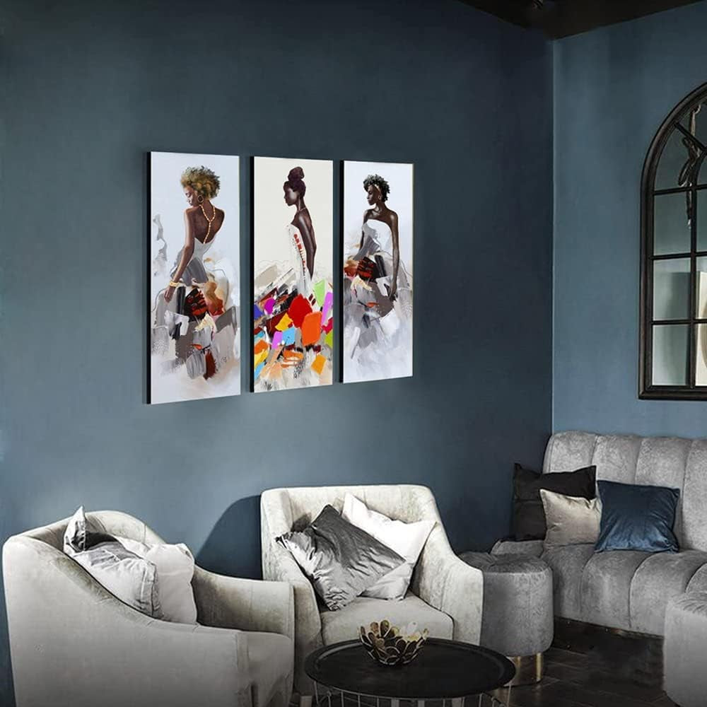Art Framed African American Black Art Dancing Black Women in Dress Wall Art Painting on Canvas Pirnt Wall Picture for Home Accent Living Room Wall Decor (8 X 24 Inch, SET of ABC)…