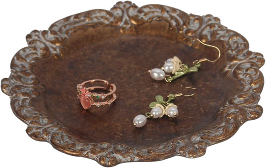 Vintage Tray Small Antique Trinket Dish, Round, Ring Holder with Twisted Flower Surrounding, Cosmetics Makeup Storage Organizer, Gift, Aesthetic Room Decor (Bronze-Flower)