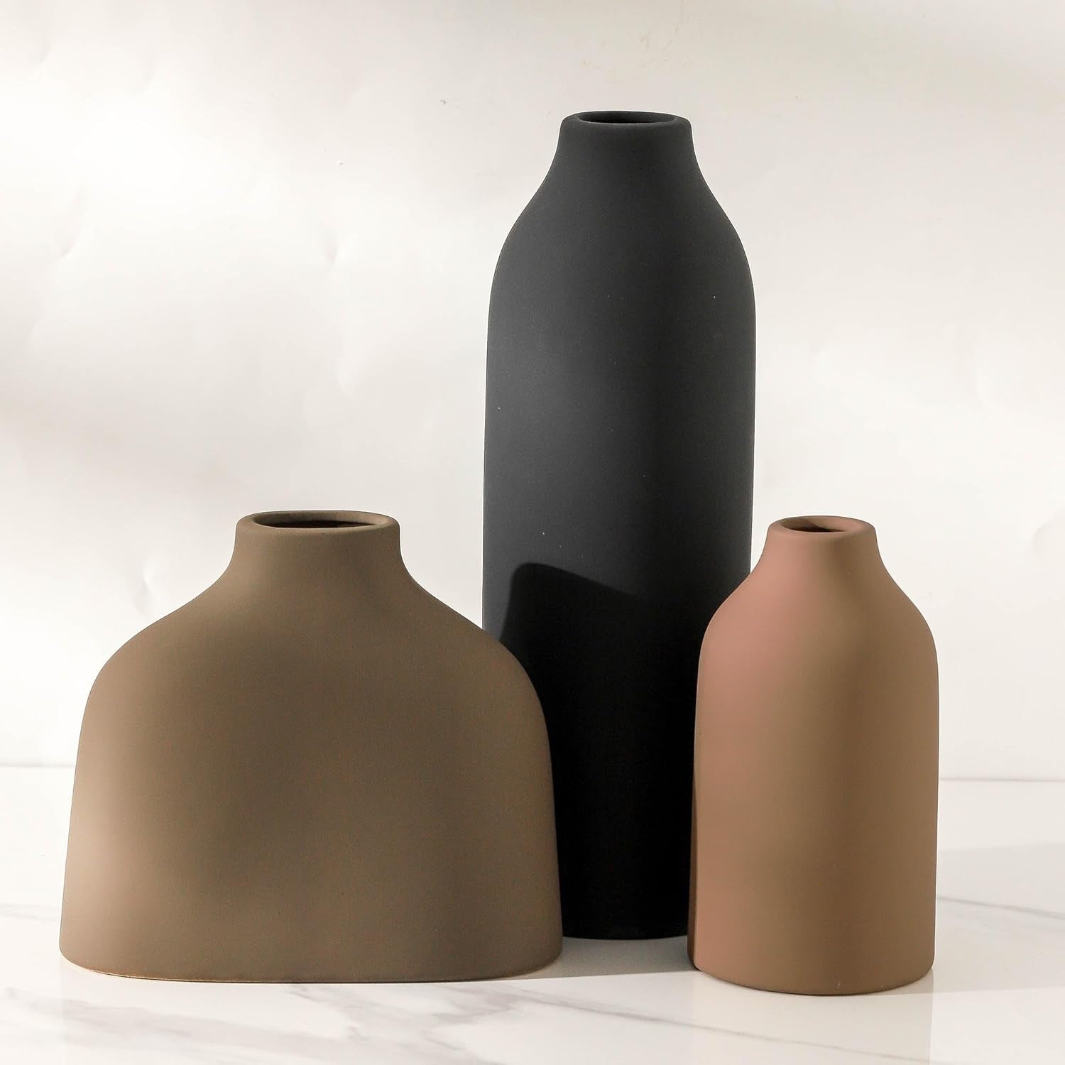 Elegant Ceramic Vase Set of 3 - Modern Farmhouse Home Decor for Fresh & Dried Flowers, Perfect for Bedroom, Living Room, Bookshelves, and Centerpieces - Boho Chic Decoration