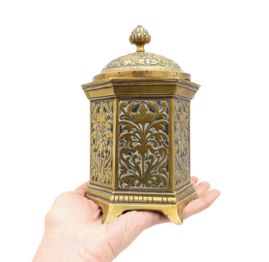 Antique Anglo Indian Hexagonal Ornate Brass Decorative Lidded Jar with Foliate Decorations.