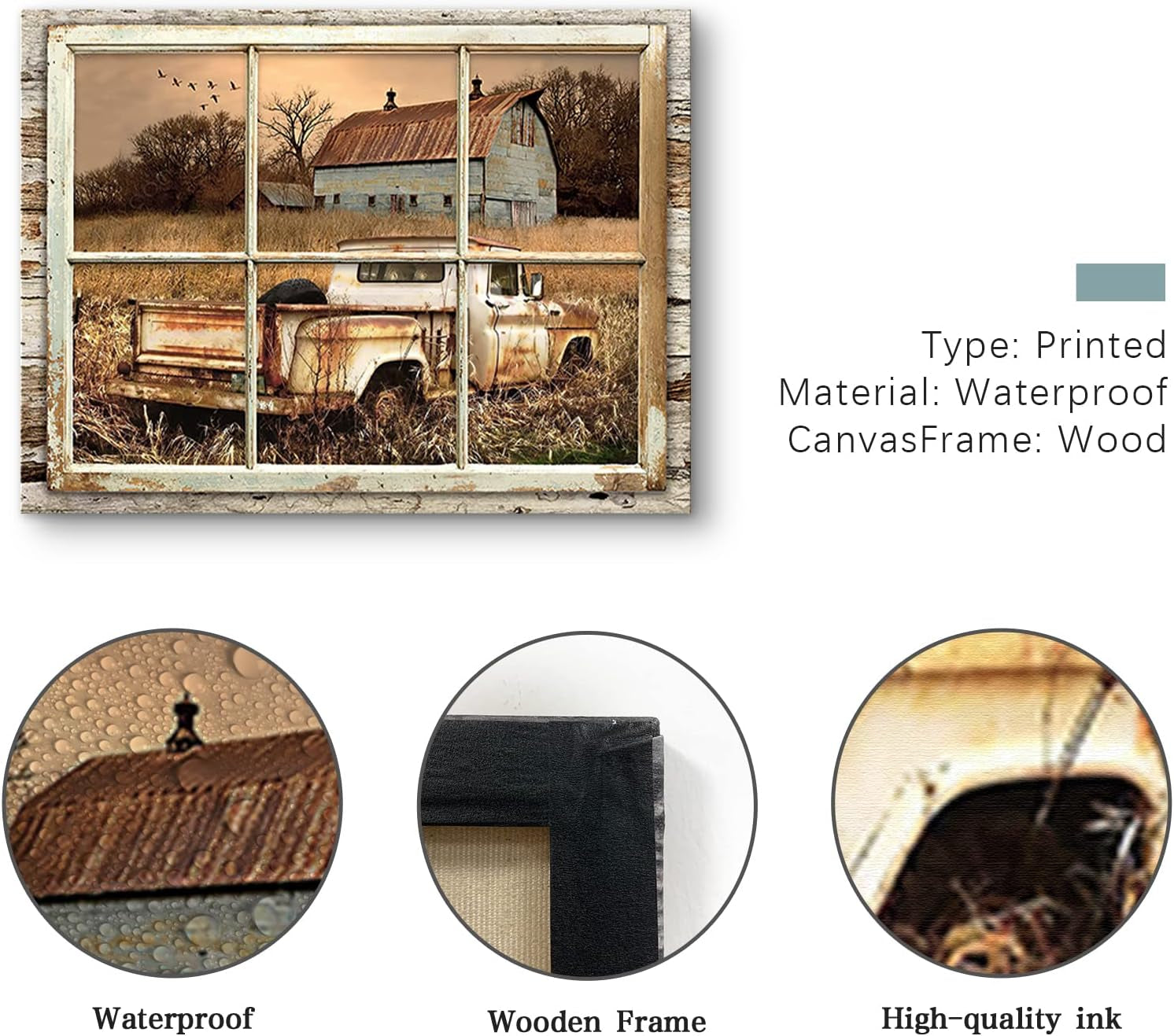 Rustic Old Barn Wall Art Beautiful Barn and Rustic Truck at Sunset through Wooden Window Frame Wall Art for Farmhouse Decor Modern House Wall Art Rustic Retro Canvas Wall Art 20X24 Inch