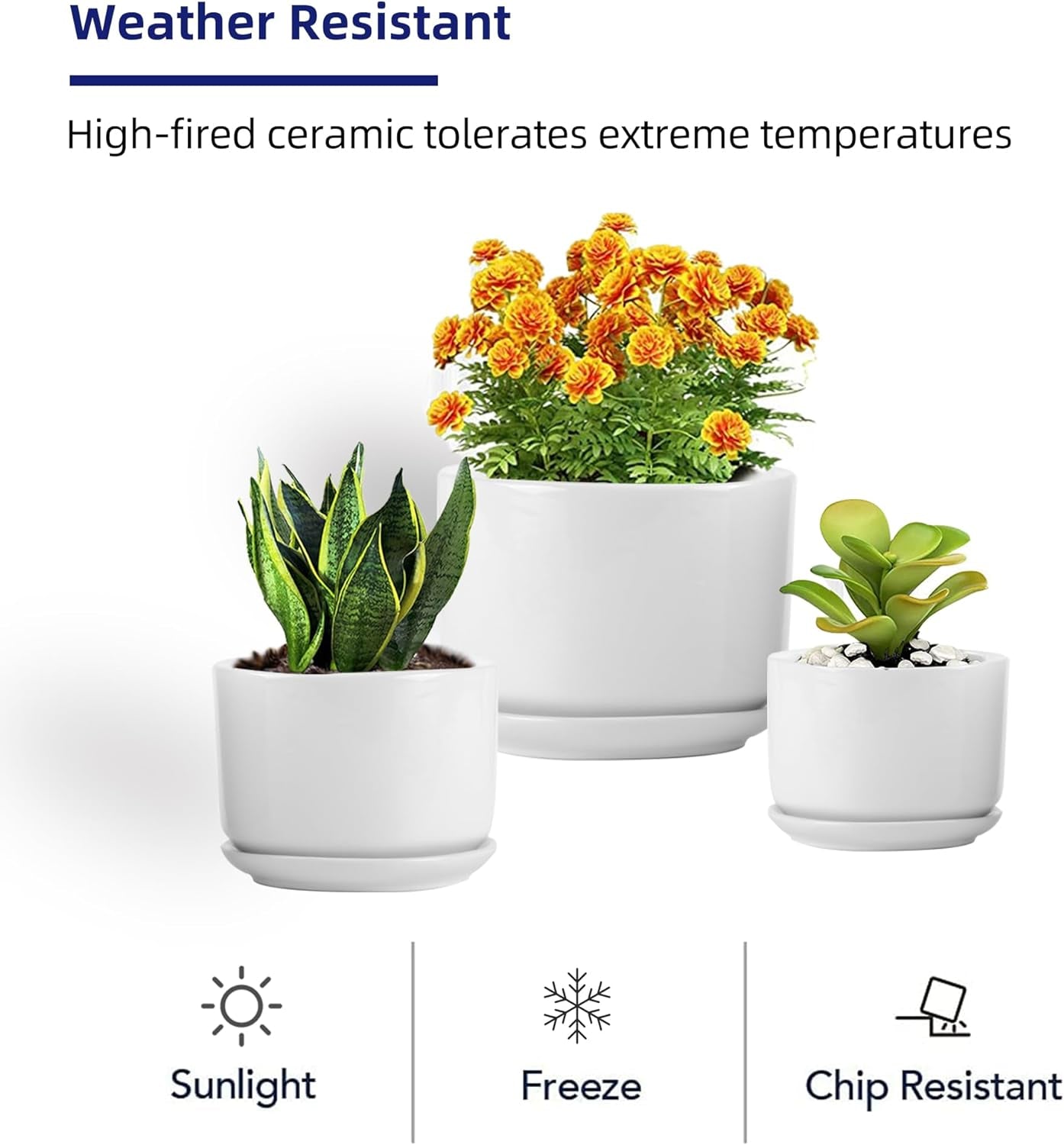 4+5+6 Inch Glazed Plant Pots with Connected Saucers, round Modern Ceramic Flower Pots - Small to Large Size for All House Plants, Flowers and Succulent, Set of 3 (White)