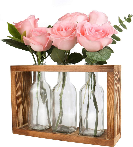 Ivolador Plants Terrarium Bud Pots in Wooden Rack | Rustic, Vintage Home Decor | Windowsill Accessory, Wedding, Kitchen, Dining Table Centerpiece (3 Bottle)