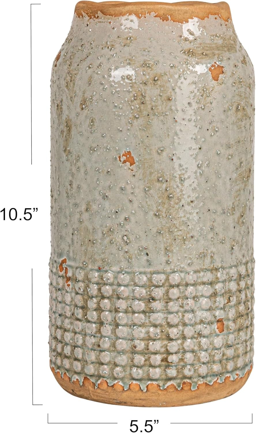 round Terra-Cotta Hobnail Planter Vase with Heavily Distressed Finish, Grey