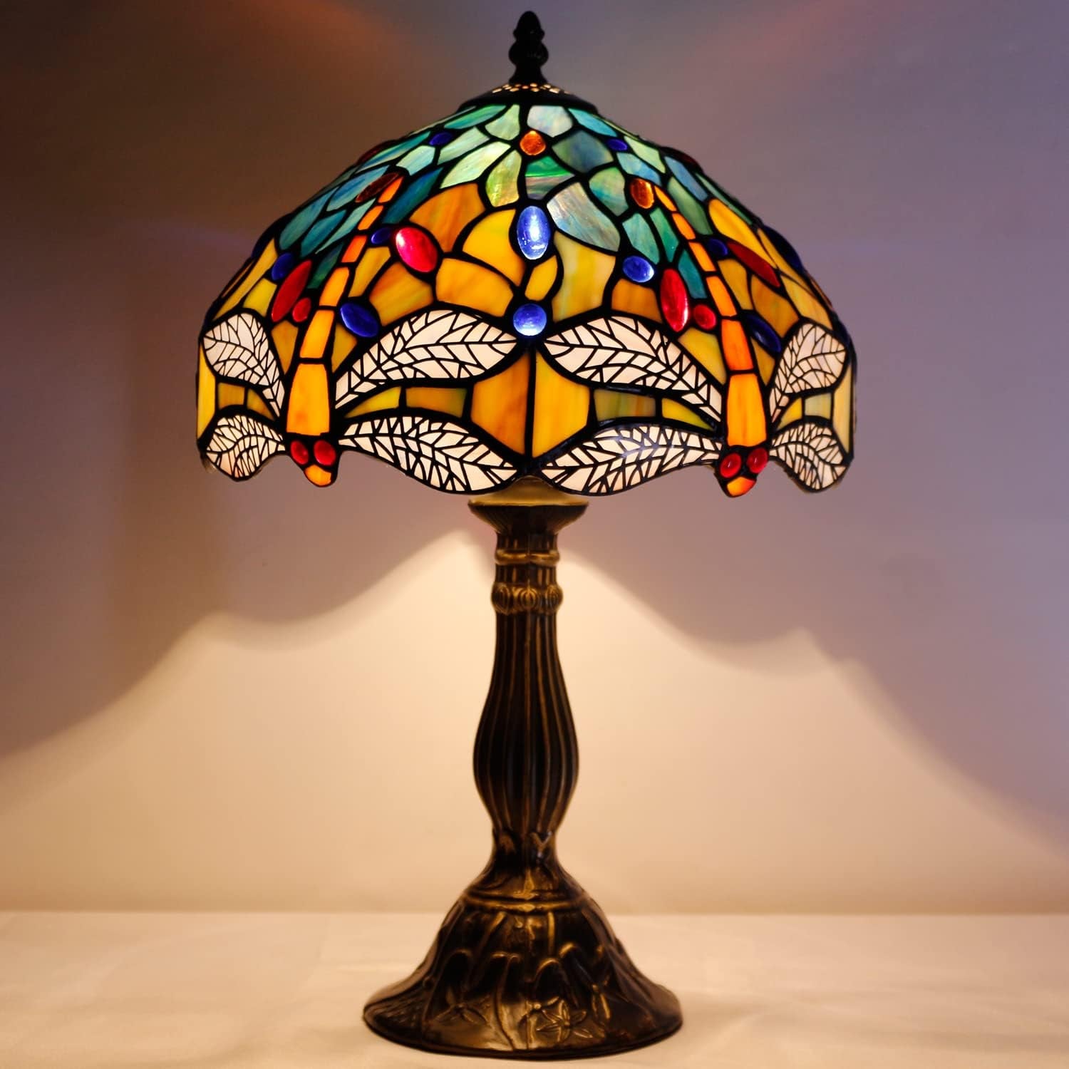 Stunning Tiffany Style Sea Blue & Yellow Dragonfly Table Lamp – Perfect Nautical Desk & Bedside Light for Bedroom, Living Room, & Home Office - 12x12x18 Inches
