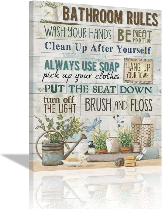 Rustic Bathroom Rules Canvas Prints - Farmhouse Wall Decor, Framed Bathroom Artwork for Laundry Room & Home Decorations