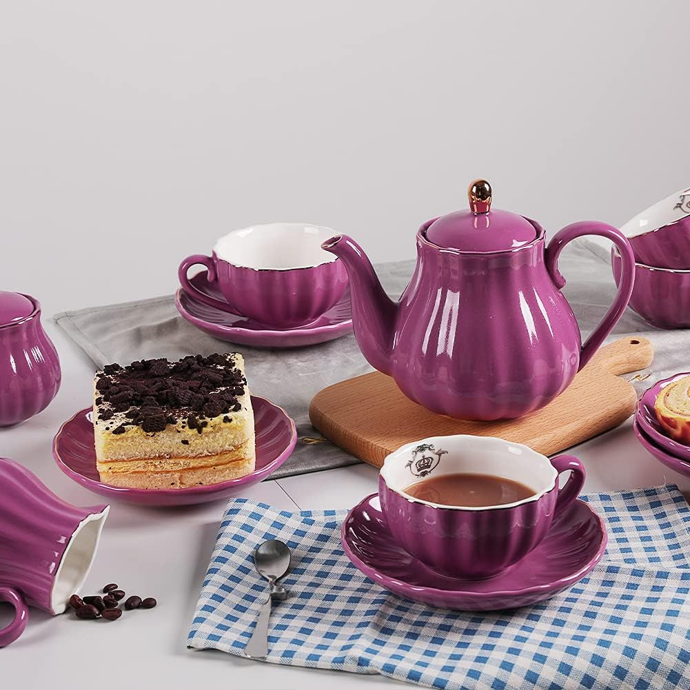 Porcelain Tea Sets British Royal Series, 8 OZ Cups& Saucer Service for 6, with Teapot Sugar Bowl Cream Pitcher Teaspoons and Tea Strainer, Suitable for High Tea, Wedding, Party (Violet)