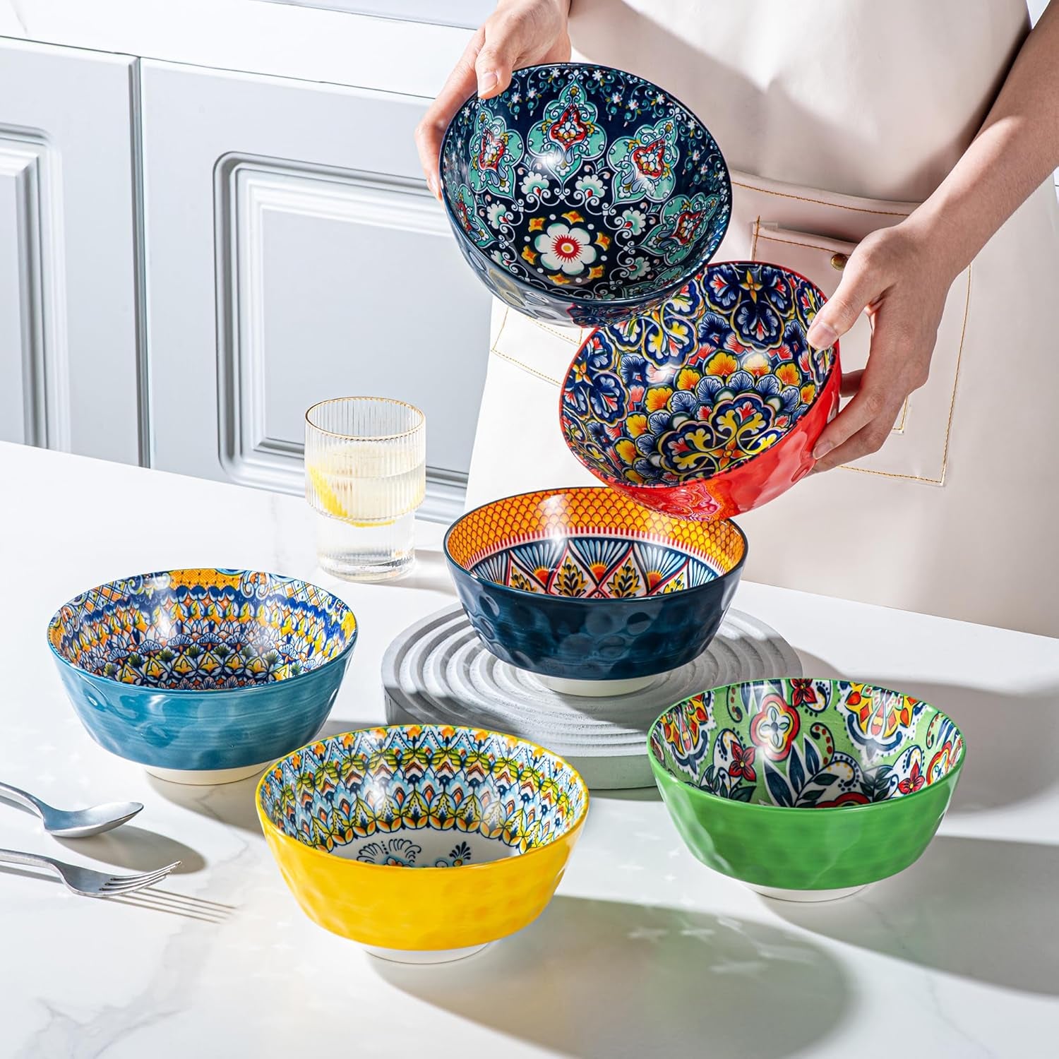 Ceramic Cereal, Soup Bowls Set of 6-25 Oz Porcelain Serving Bowls for Dinner, Pasta, Salad, Oatmeal, Microwave & Dishware Safe - Bohemian Style