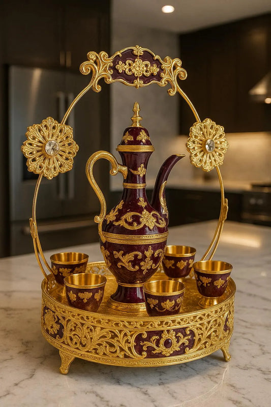 Luxury Arabian Tea Set | Gold-Plated Decorative Dallah & Cups |  Middle Eastern Decor