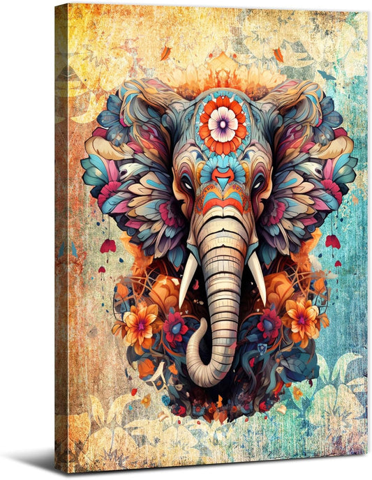 Abstract Boho Elephant Wall Art Vintage African Animal Painting for Living Room Colorful Mandala Flower Wall Decor Indian Elephant Picture Canvas Bohemia Artwork Office Bedroom Home Decorations 12X16"
