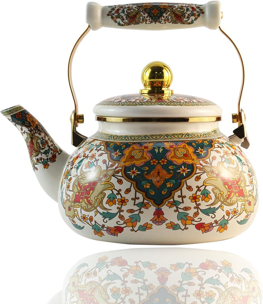 Floral Enamel Tea Kettle Vintage Gold Beige Teapot Colorful Boho Hot Water Coffee Kettle Pot 2.5L Porcelain Tea Pot with Ceramic Handle for Stovetop Hot Water Kitchen Decor