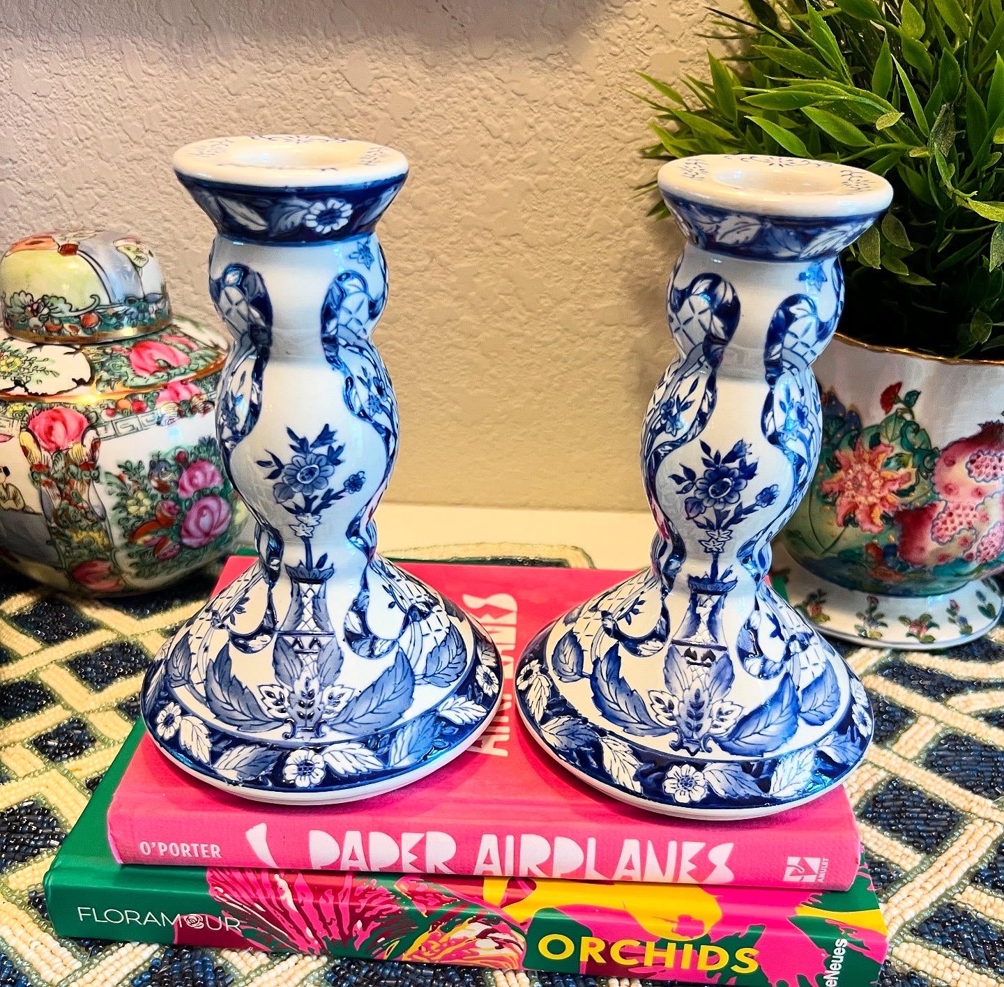 Vintage Chinese Porcelain Embossed Blue & White Candle Holders, 6.75”
