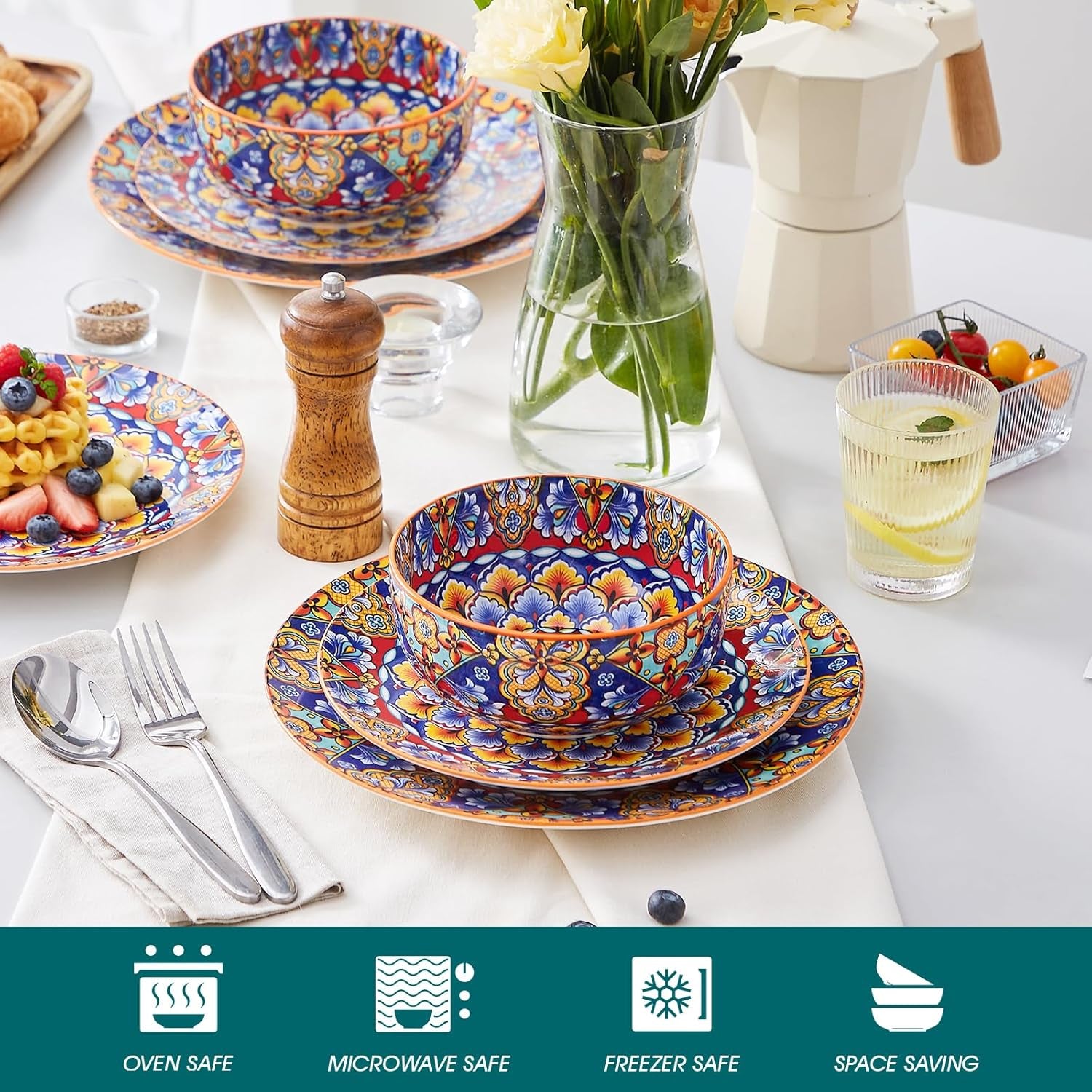 12 Pieces Dinnerware Sets, Orange Plates and Bowls Set, Porcelain Dishes Set for 4, Microwave and Dishwasher Safe, Scratch Resistant, Bohemian Style Dining Ware Service for 4, Series SIMI