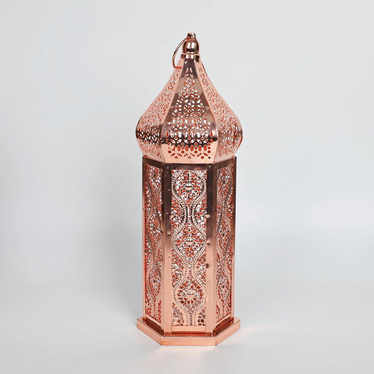 Moroccan Style Temple Hollow Iron Lantern, Vintage Ramadan Lamp Home Decoration Lights Ornaments,Hanging Metal Candle Holders Battery Operated for Table Indoor Decor(13.4 Inch Rose Gold)