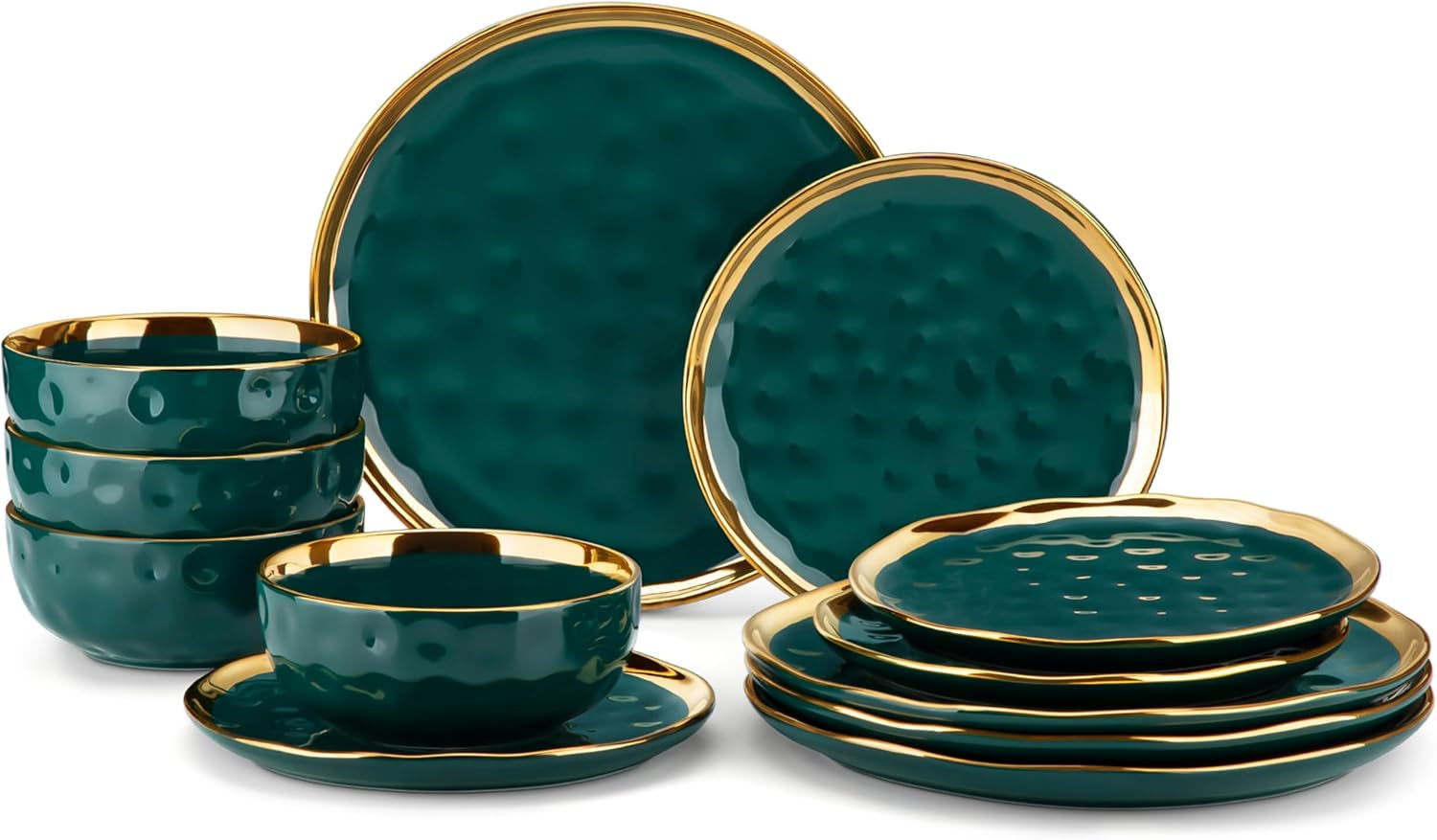 12 Pieces Plates and Bowls Sets, Porcelain Green and Gold Dinnerware Sets, round Dinner Plates Dishes Set Service for 4, Dishwasher Safe and Scratch Resistant, Green