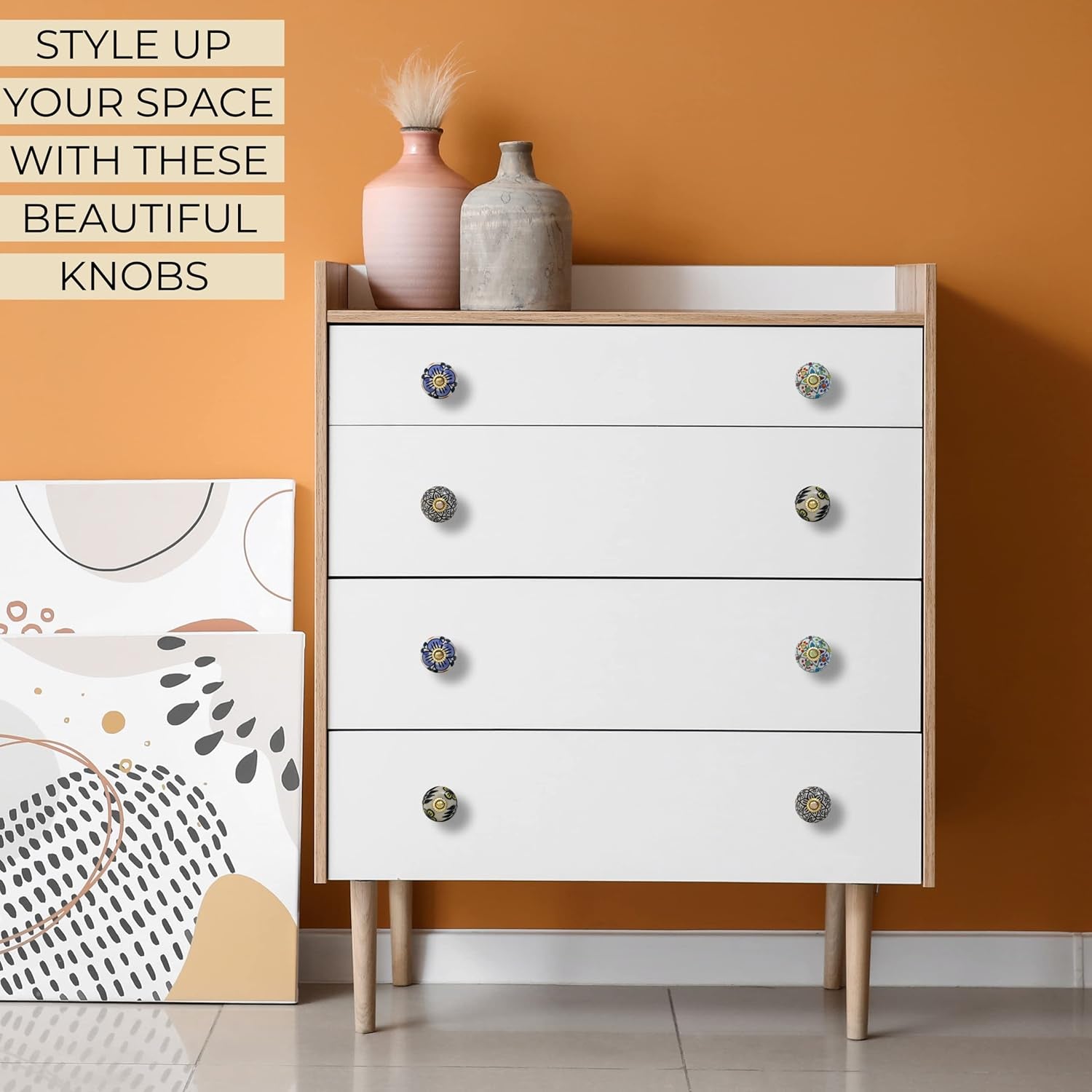 Ceramic Knobs for Cabinet Dresser Drawer and Furniture Hand Painted Antique Boho Cupboard Pull Knob Multicolor Pack of 10