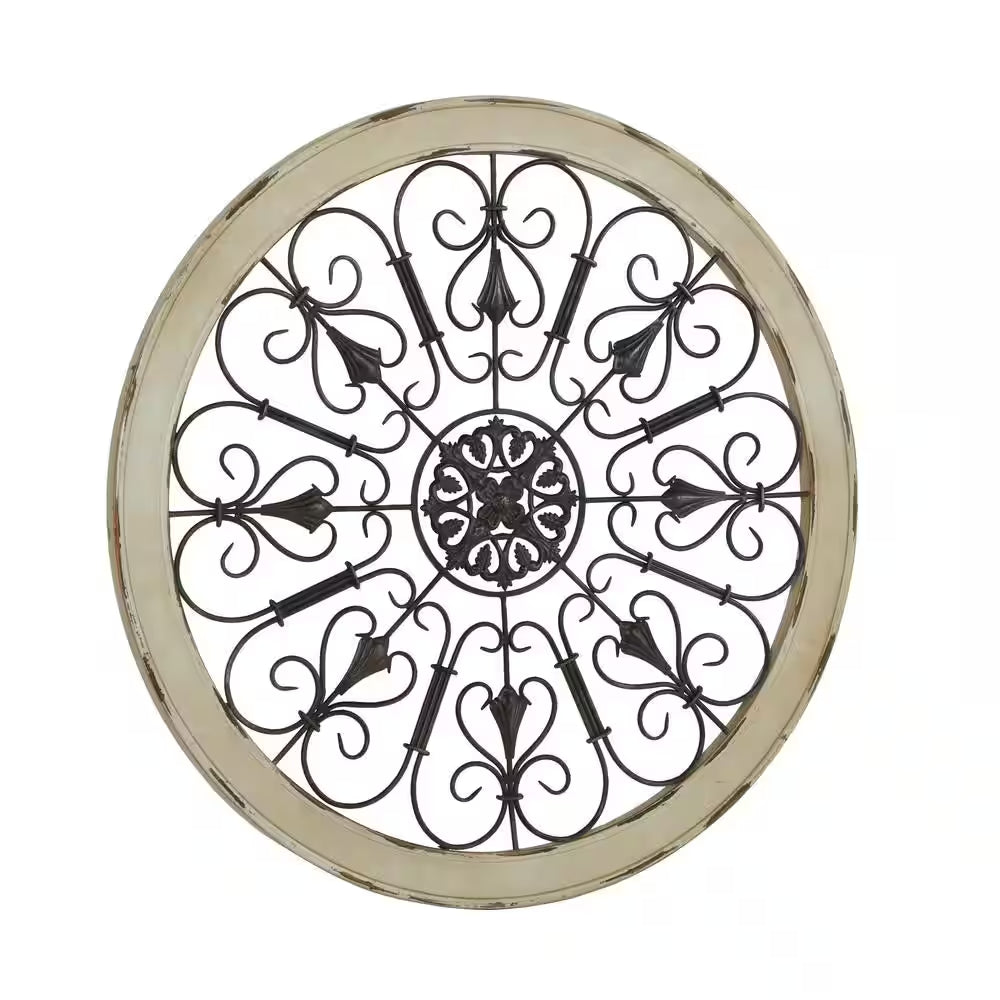 36 In. X 36 In. Wood White Window Inspired Scroll Wall Decor with Metal Scrollwork Relief