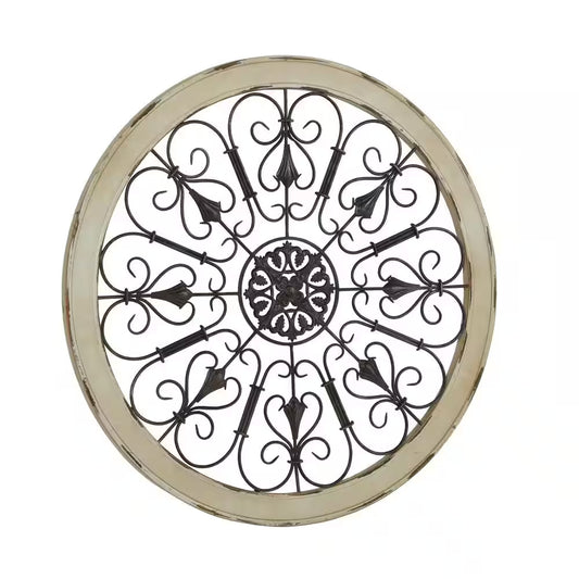 36 In. X 36 In. Wood White Window Inspired Scroll Wall Decor with Metal Scrollwork Relief