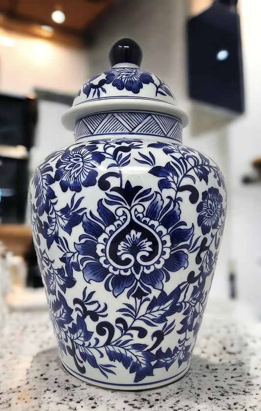 12.5" Blue and White Porcelain Floral Temple Ginger Jar Vase, China Qing Style (Blue)