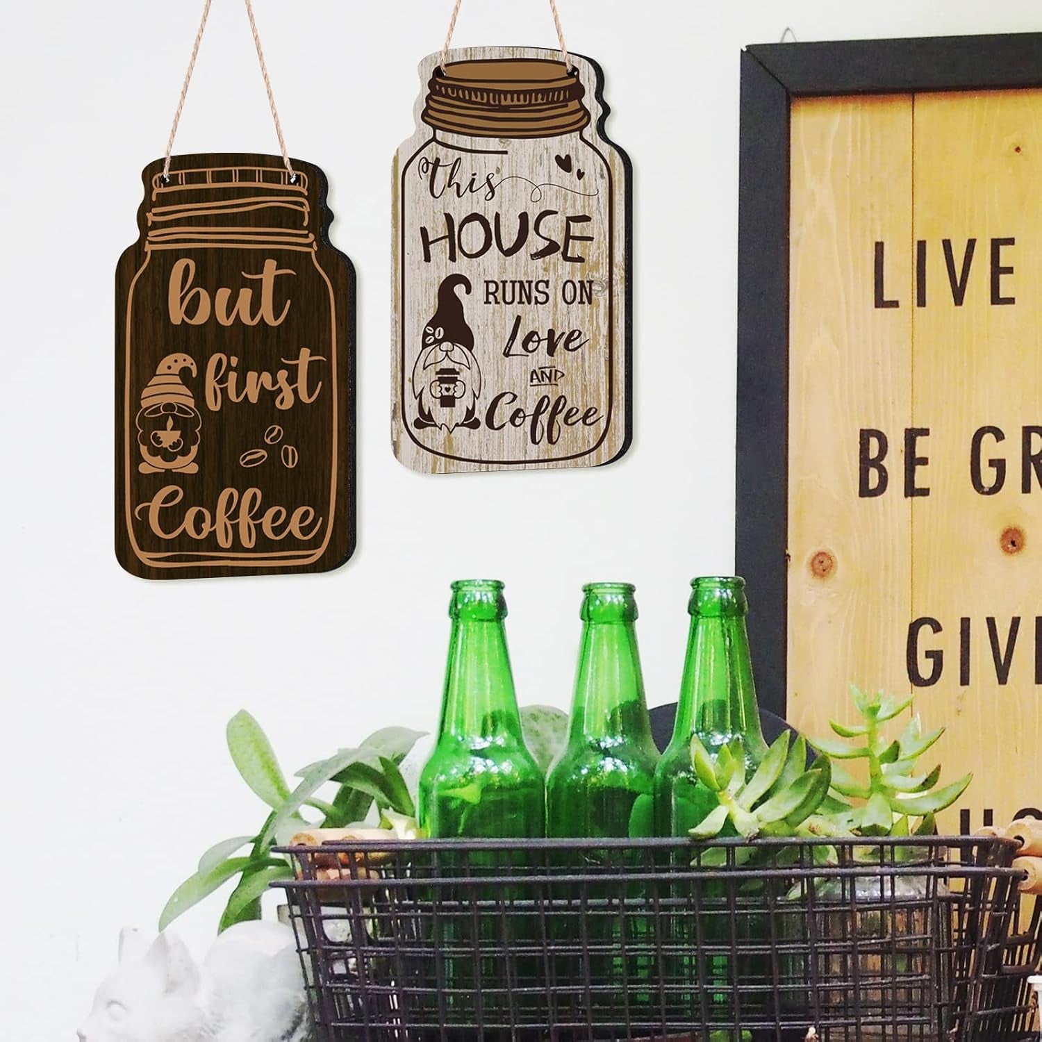 4 Pieces Coffee Bar Sign Wall Decor Farmhouse Wood Gnomes Coffee Sign Wall Hanging Plaque but First Coffee Table Plaque for Cafes Supplies