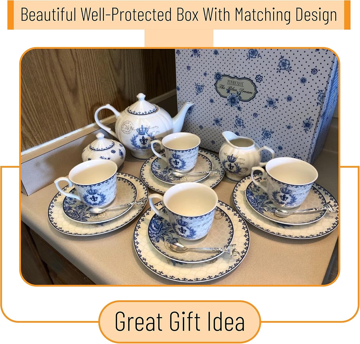 Btat- Blue Dream Tea Set, Tea Cups (8Oz), Tea Pot (48Oz), Creamer and Sugar Set, Gift Box, China Tea Set, Tea Service, Tea Cups and Saucer Set, Tea Set for Adults, Porcelain Tea Set
