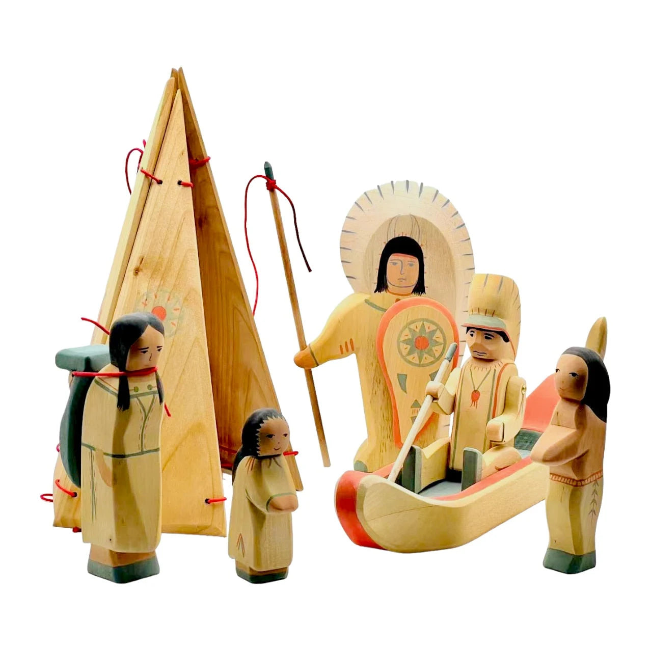 Handcrafted Open Ended Wooden Toy Figure Family - Indigenous American Set of 8 Pieces