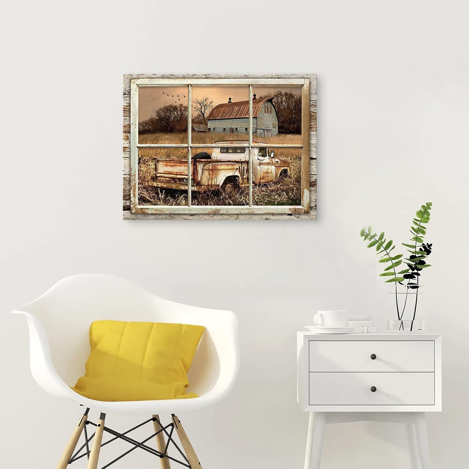 Rustic Old Barn Wall Art Beautiful Barn and Rustic Truck at Sunset through Wooden Window Frame Wall Art for Farmhouse Decor Modern House Wall Art Rustic Retro Canvas Wall Art 20X24 Inch