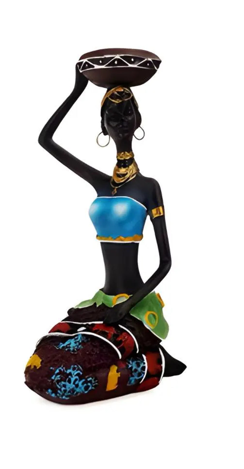 African Woman Candle Holder – Hand-Painted Sculpture – Boho Home Décor