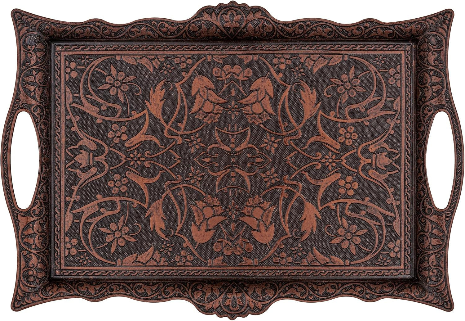 Ottoman Turkish Zamak Serving Tray with Traditional Motifs, Ideal for Coffee and Tea - Six Person Tray (14.5 X 9.85 In) (Copper)