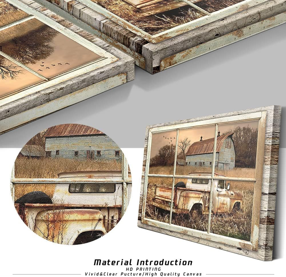 Rustic Old Barn Wall Art Beautiful Barn and Rustic Truck at Sunset through Wooden Window Frame Wall Art for Farmhouse Decor Modern House Wall Art Rustic Retro Canvas Wall Art 20X24 Inch
