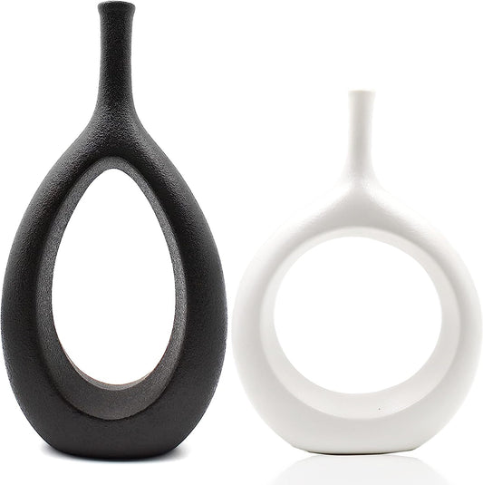 Samawi Black & White Vase Set of 2 - Black Ceramic Vases for Modern Living Room Decor