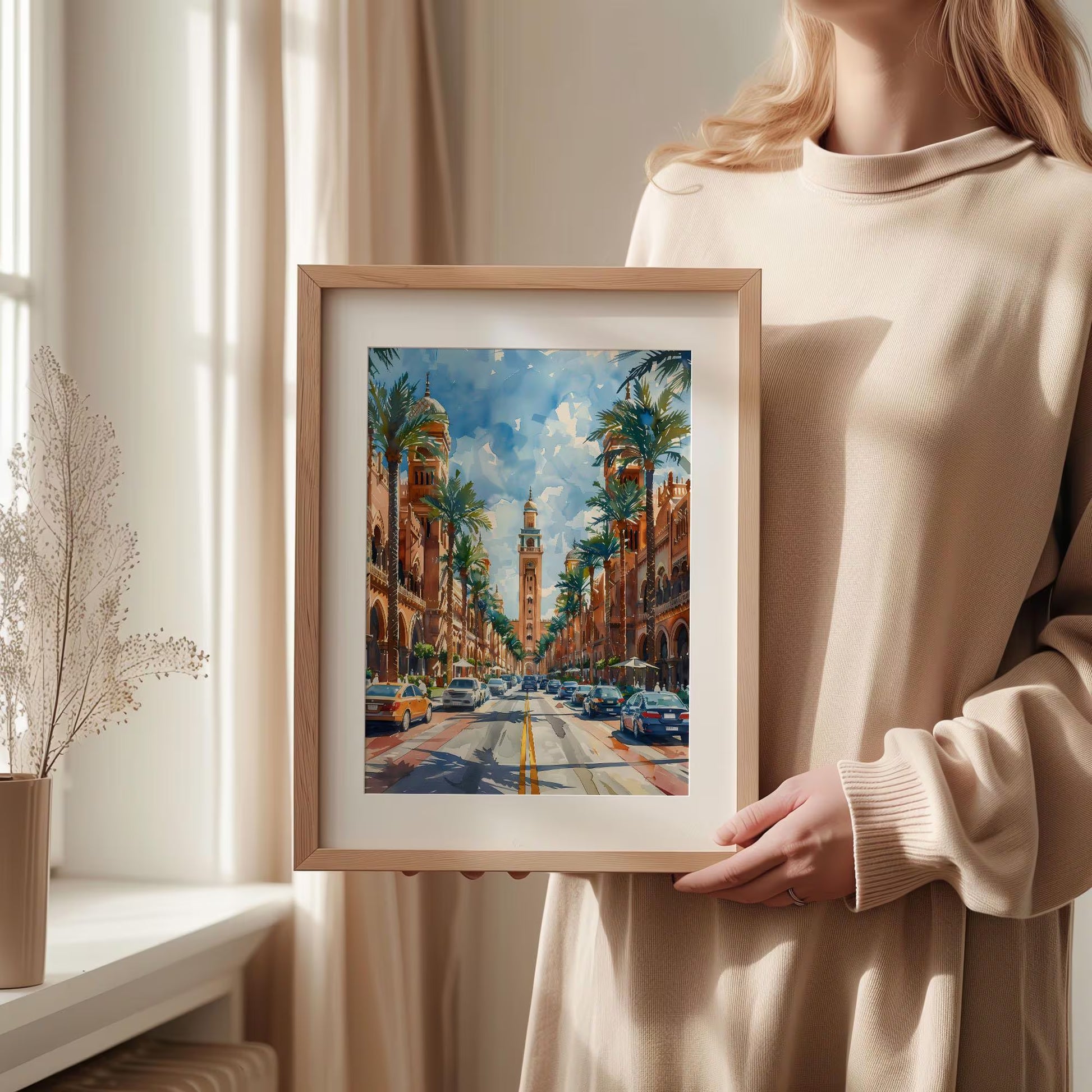 Riyadh Watercolor Painting, Saudi Arabia Wall Art, Maximal Decor, Mid Century Modern Wall Art, Skyline Poster, Print, C30-560