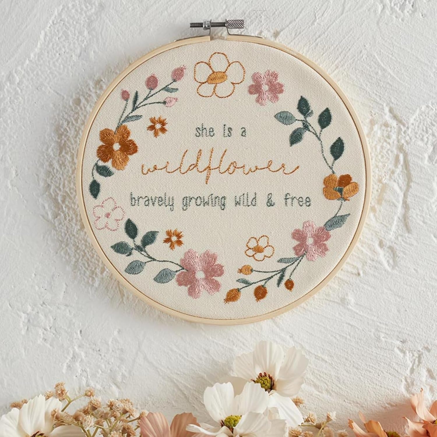 Embroidered Wall Art - Wooden Hoop Framed Wall Décor for Home, Kitchen or Office, 8-Inch Diameter, Wild & Free