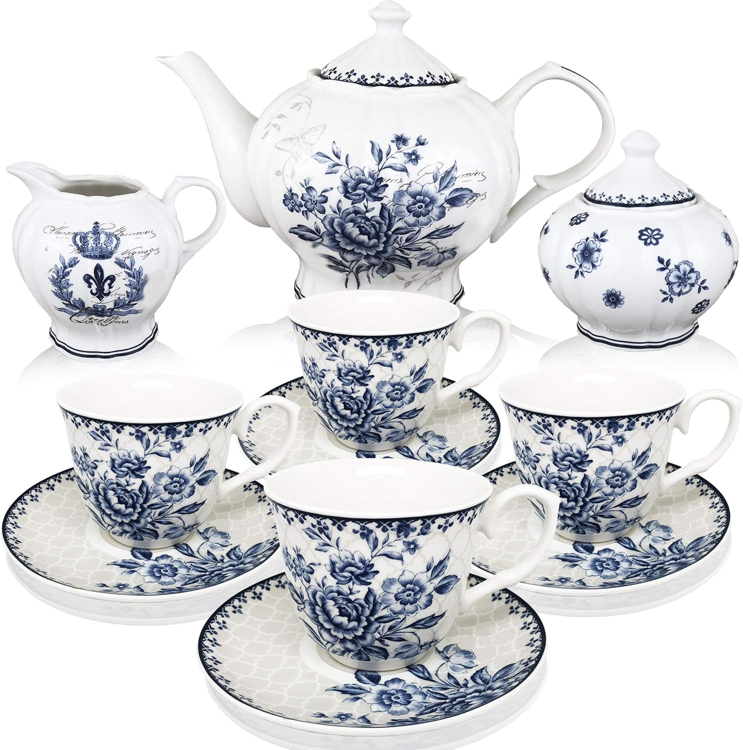 Btat- Blue Dream Tea Set, Tea Cups (8Oz), Tea Pot (48Oz), Creamer and Sugar Set, Gift Box, China Tea Set, Tea Service, Tea Cups and Saucer Set, Tea Set for Adults, Porcelain Tea Set